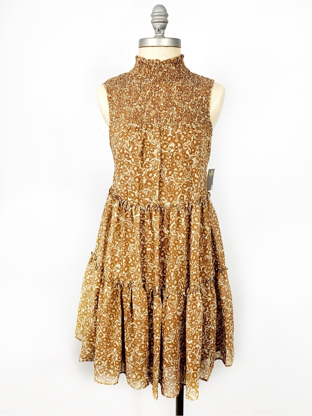 Taylor Floral Brown Cream Smocked High Neck Sleeveless Tiered Summer Dress NWT